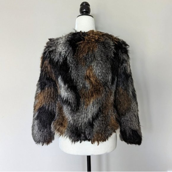 Faux fur fuzzy warm brown jacket- brown, gray and black - Picture 3 of 6